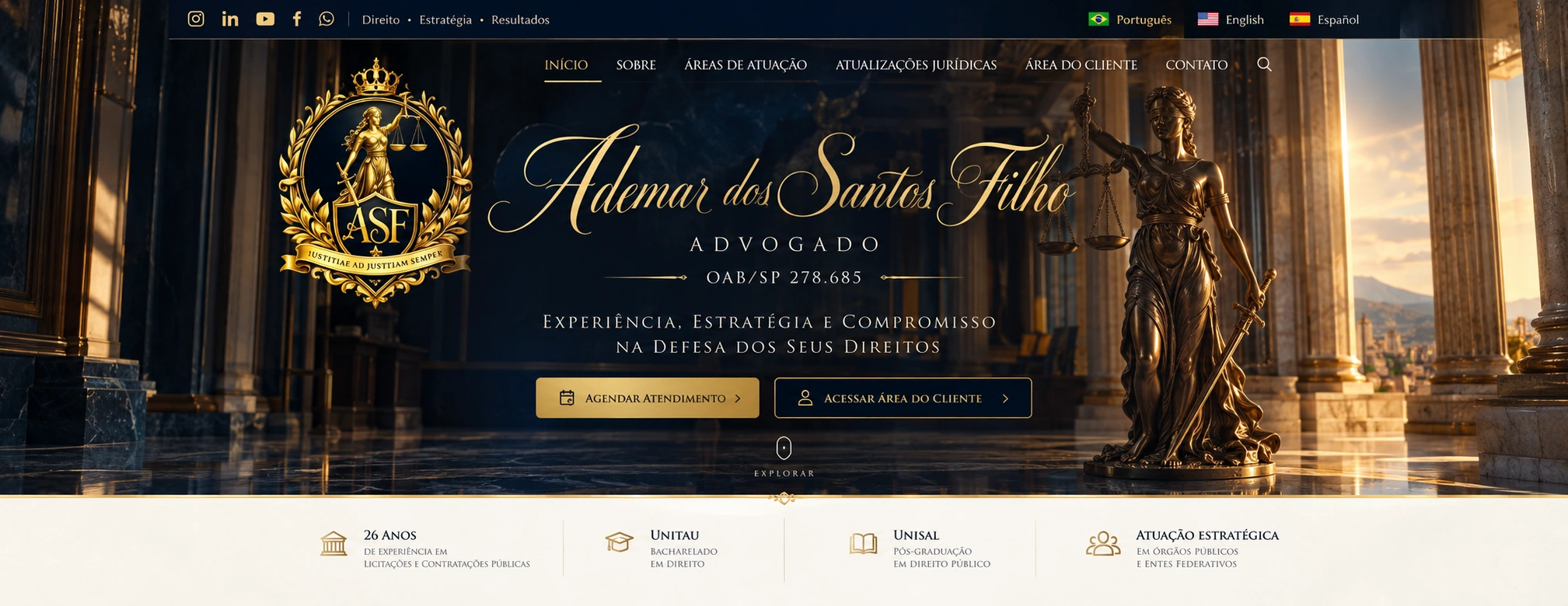 Ademar dos Santos Filho, advogado OAB/SP 278.685, brasão ASF e arquitetura jurídica clássica em azul-marinho e dourado